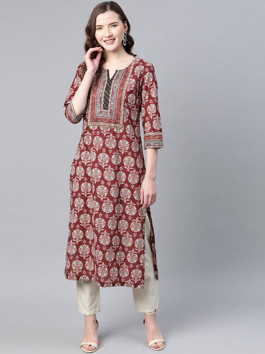 women-burgundy-&-blue-pure-cotton-printed-a-line-tunic