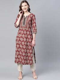 Thumbnail for women-burgundy-&-blue-pure-cotton-printed-a-line-tunic