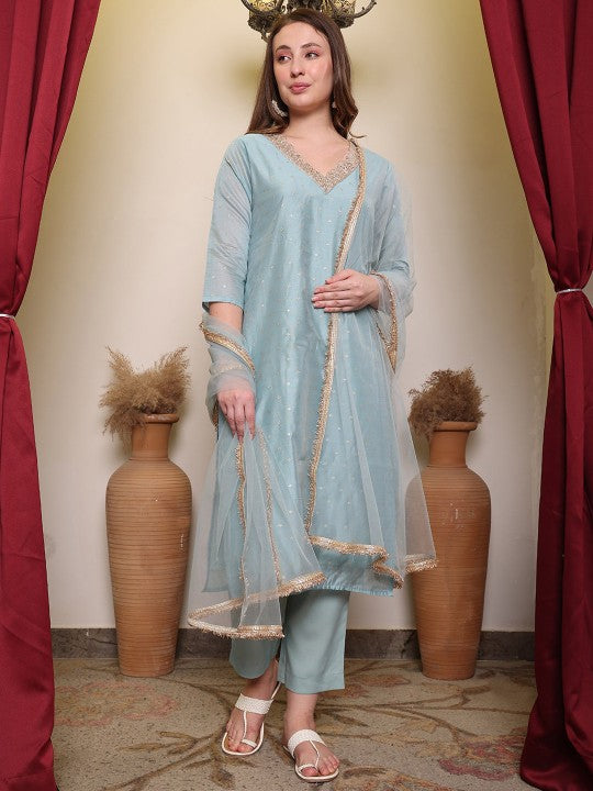Floral Woven Design V-Neck Straight Kurta With Trouser & Dupatta