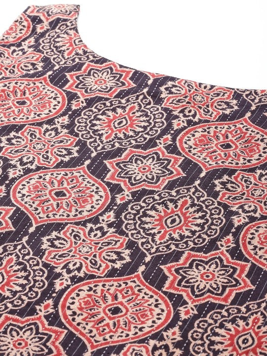 Women Ethnic Motifs Printed Kantha Work Dobby Kurta