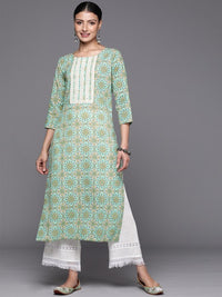 Thumbnail for Women Blue Floral Print Straight Kurta With Lace Detail