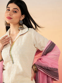 Thumbnail for off-white-ethnic-motifs-self-design-thread-work-pure-cotton-pathani-kurta-sets