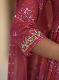 Thumbnail for Notch Neck Bandhani Embroidered Regular Thread Work Pure Cotton Kurta Set