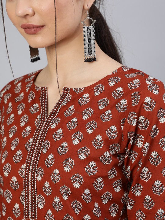 Women Navy Blue Ethnic Printed Cotton Straight Kurta