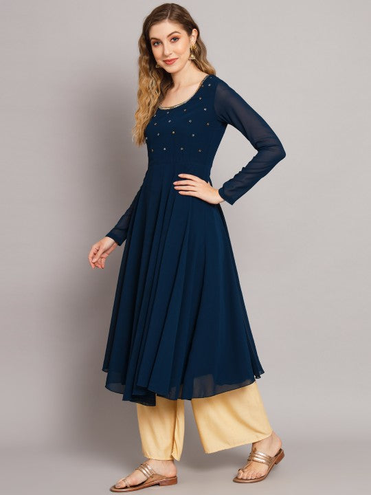 Women Burgundy Ethnic Motifs Georgette Anarkali Kurta