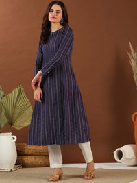 Thumbnail for ethnic-woven-design-round-neck-panelled-cotton-a-line-kurta