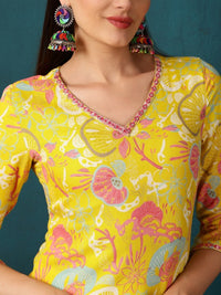Thumbnail for floral-printed-v-neck-thread-work-straight-kurta