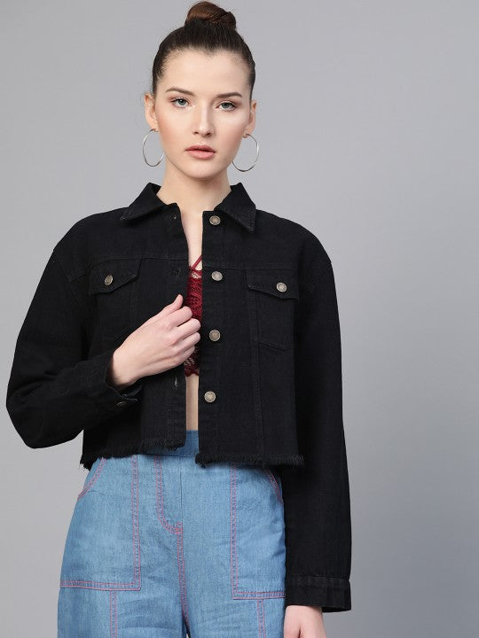 women-black-solid-fringed-hem-denim-jacket