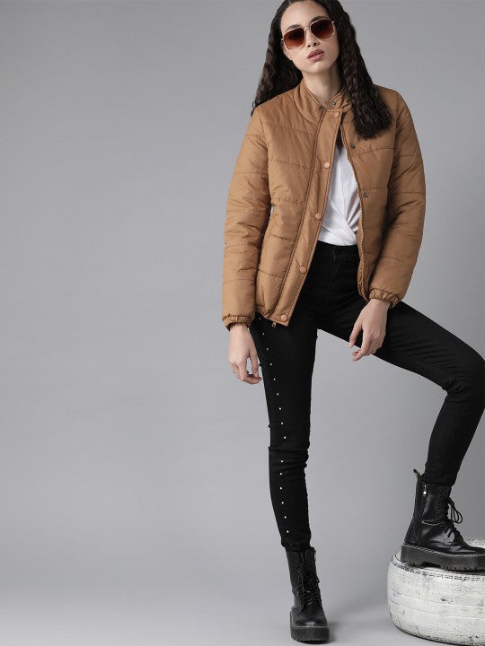 Women Grey Solid Padded Jacket