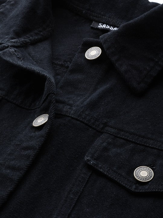 women-black-solid-fringed-hem-denim-jacket