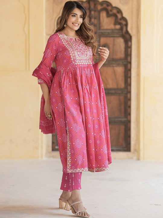 Notch Neck Bandhani Embroidered Regular Thread Work Pure Cotton Kurta Set