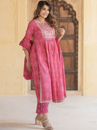 Thumbnail for Notch Neck Bandhani Embroidered Regular Thread Work Pure Cotton Kurta Set