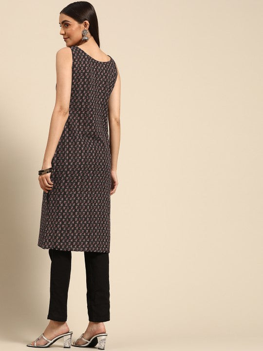 Women Ethnic Motifs Printed Kantha Work Dobby Kurta