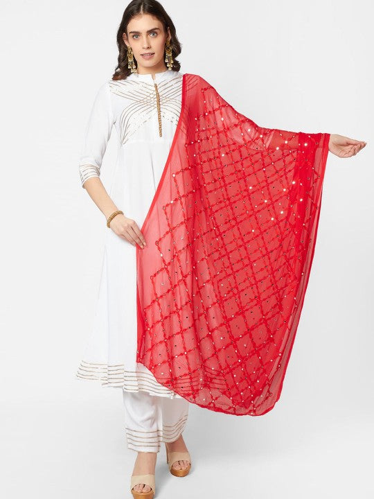 Pink Ethnic Motifs Embroidered Dupatta with Mirror Work