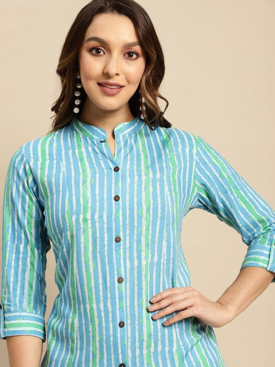 Round Neck Striped Printed Roll-Up Sleeve A-Line Kurta