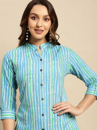 Thumbnail for Round Neck Striped Printed Roll-Up Sleeve A-Line Kurta