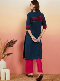 Thumbnail for xyz-navy-blue-ethnic-motifs-embroid-straight-kurta