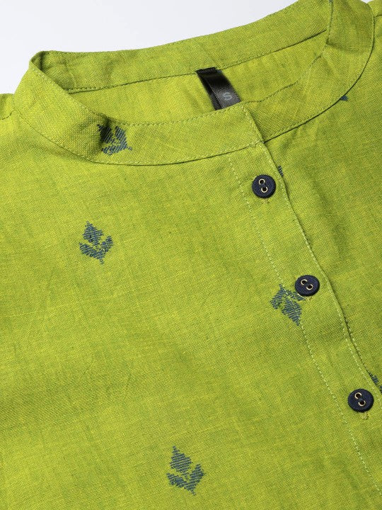 women-green-&-navy-blue-woven-design-a-line-kurta