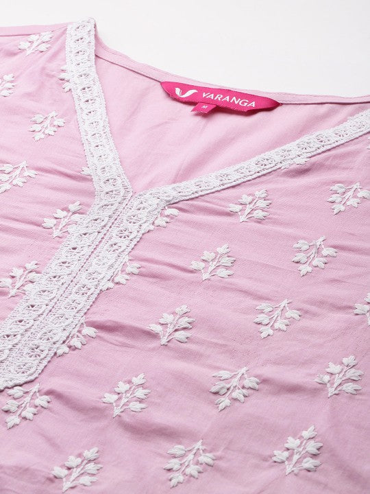 Floral Embroidered Thread Work Pure Cotton Kurta With Trousers & Dupatta
