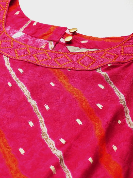 Leheriya Printed Halter Neck Thread Work Kurta