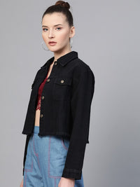 Thumbnail for women-black-solid-fringed-hem-denim-jacket