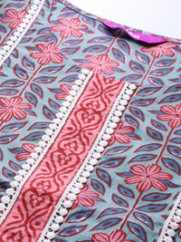 Thumbnail for women-blue-&-pink-floral-motifs-printed-kurta