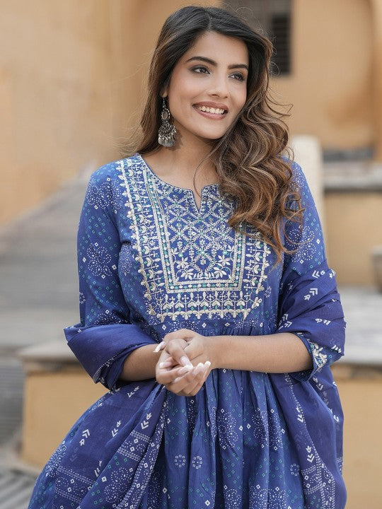 notch-neck-bandhani-embroidered-regular-thread-work-pure-cotton-kurta-set