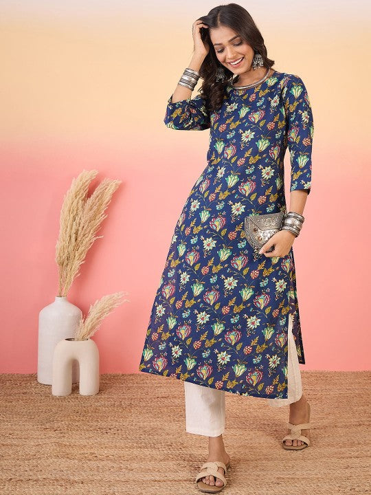 Women Green & Red Floral Printed Pure Cotton Kurta