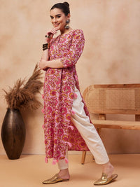 Thumbnail for floral-printed-round-neck-pure-cotton-straight-kurta