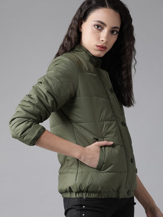 Women Navy Blue Solid Padded Jacket