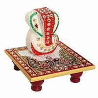 Thumbnail for marble-enamel-painted-ganesha-placed-on-chowki-(10.2-cm-x-10.2-cm-x-10.2-cm
