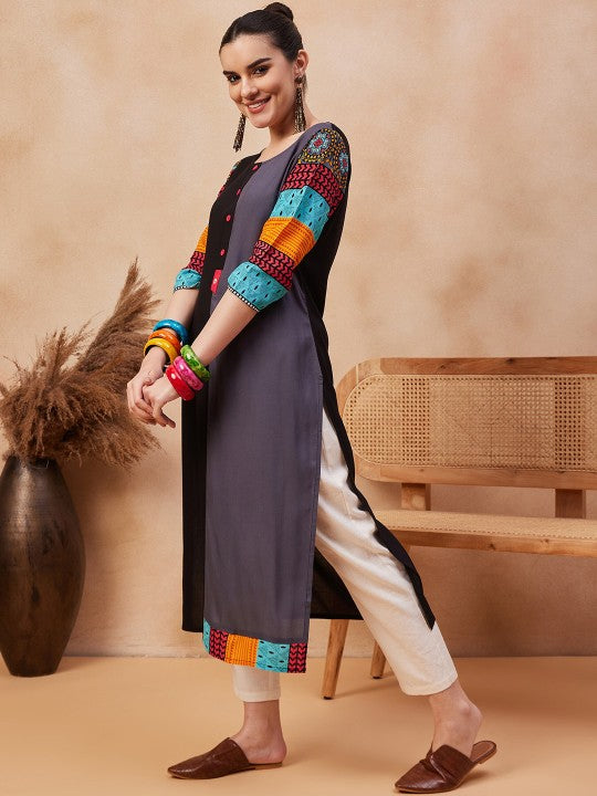 Floral Printed Round Neck Pure Cotton Straight Kurta