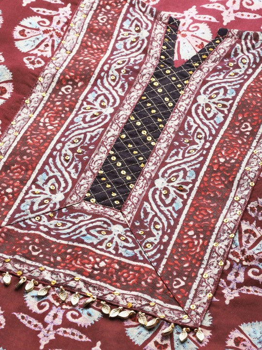 women-burgundy-&-blue-pure-cotton-printed-a-line-tunic
