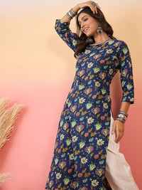Thumbnail for Women Green & Red Floral Printed Pure Cotton Kurta