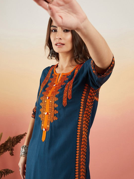 Floral Yoke Printed Mirror Work Kurta