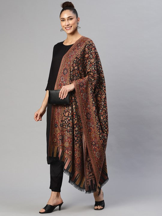 Women Beige Floral Woven Design Fusion Shawl