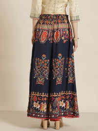 Thumbnail for women-navy-blue-&-orange-ethnic-motifs-printed-flared-palazzos-with-scrunchie