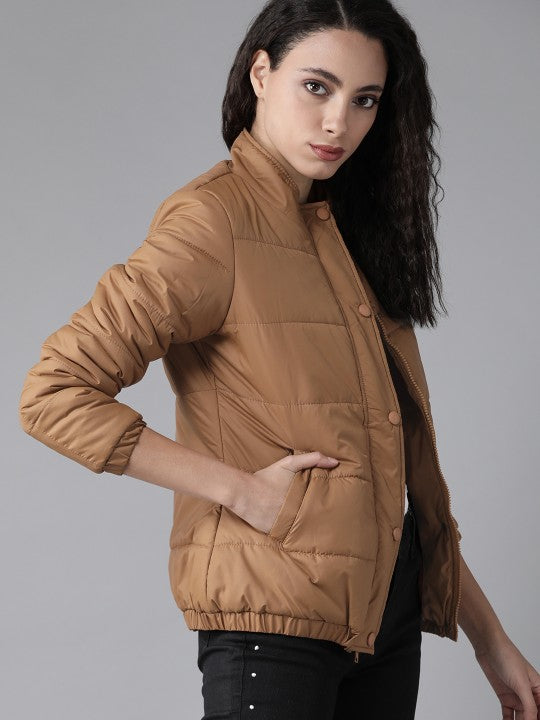 Women Olive Green Solid Padded Jacket