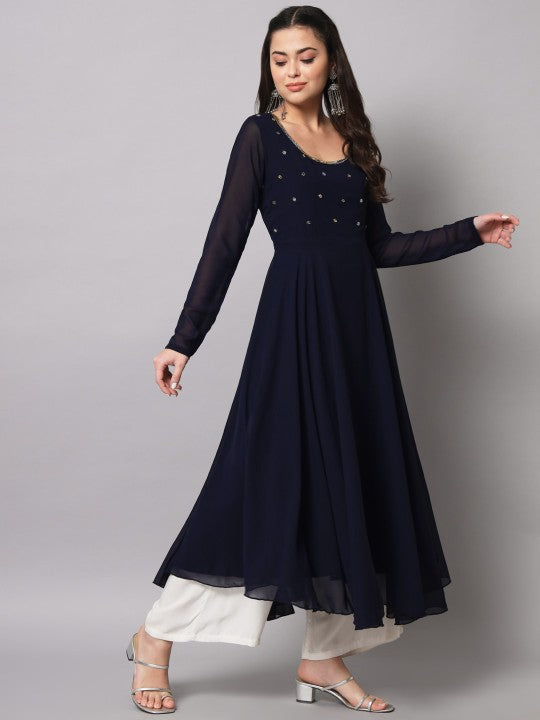 Women Burgundy Ethnic Motifs Georgette Anarkali Kurta