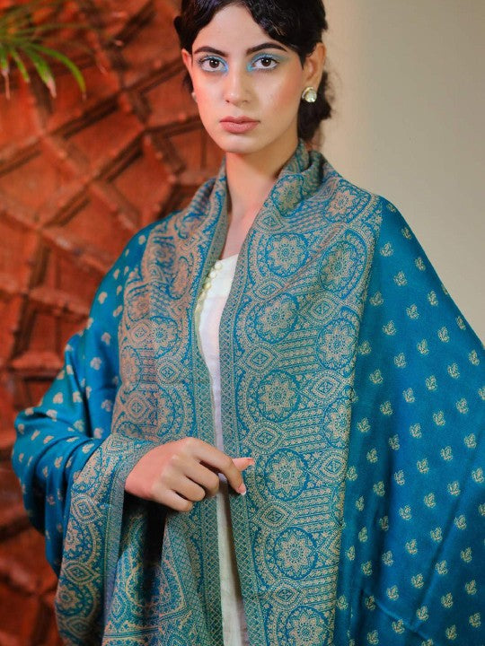 turquoise-blue-ethnic-motifs-woven-design-shawl