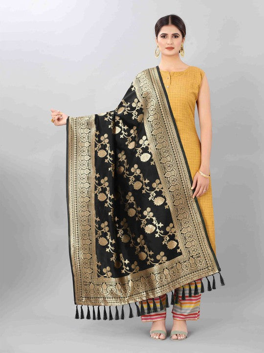 Pink & Gold-Toned Woven Design Art Silk Dupatta with Zari