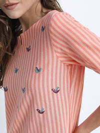 Thumbnail for Women Blue Striped Embroidered Straight Tunic