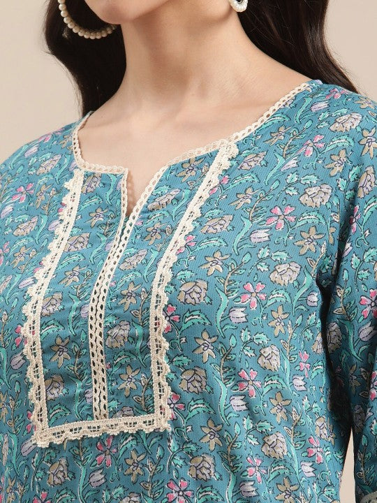 women-blue-floral-print-straight-kurta-with-lace-detail