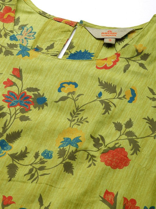 women-green-&-red-floral-printed-pure-cotton-kurta