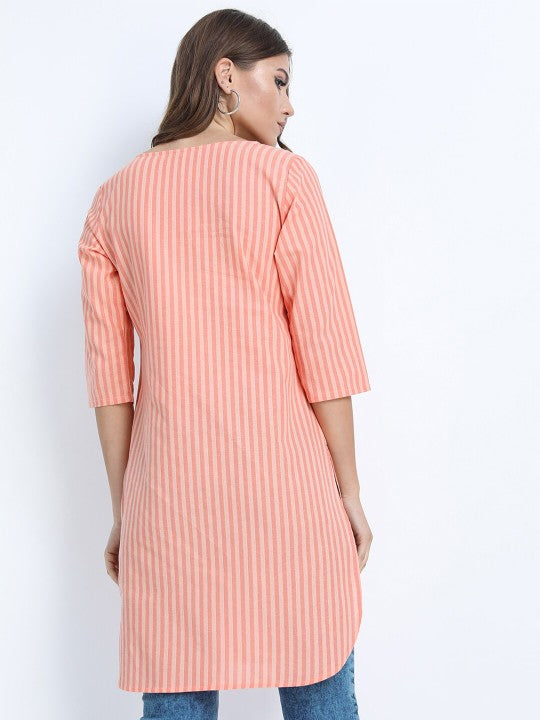 Women Blue Striped Embroidered Straight Tunic