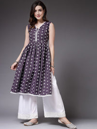 Thumbnail for purple-v-neck-geometric-dyed-thread-work-anarkali-kurta