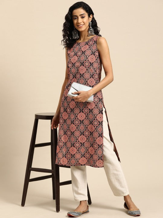 Women Ethnic Motifs Printed Kantha Work Dobby Kurta