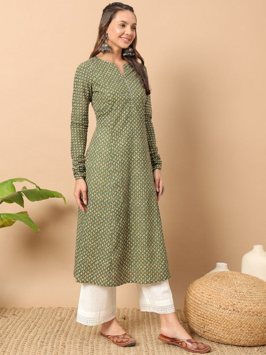 Floral Printed Notch Collar Thread Work Cotton A-Line Kurta