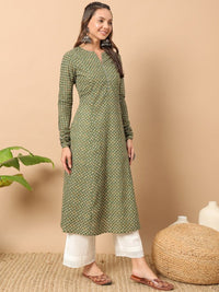 Thumbnail for Floral Printed Notch Collar Thread Work Cotton A-Line Kurta
