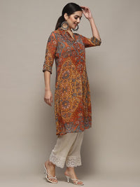 Thumbnail for floral-printed-mandarin-collar-regular-sleeves-straight-a-line-kurta